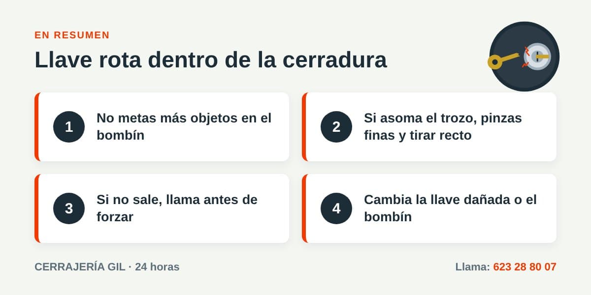 Resumen: Llave rota dentro de la cerradura — pasos clave